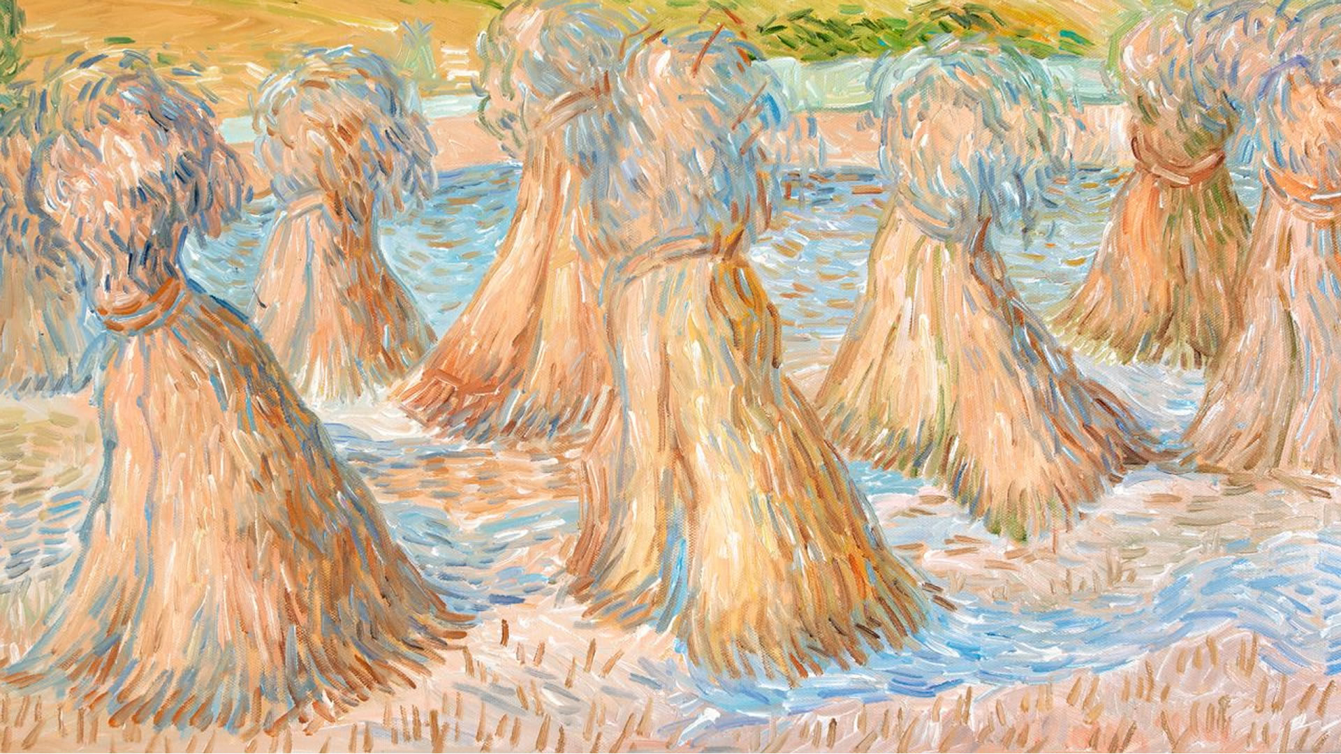 A close-up view of Van Gogh's "Sheaves of Wheat," showcasing vibrant yellow hues and dynamic brushstrokes, a must-see masterpiece at the Dallas Museum of Art.